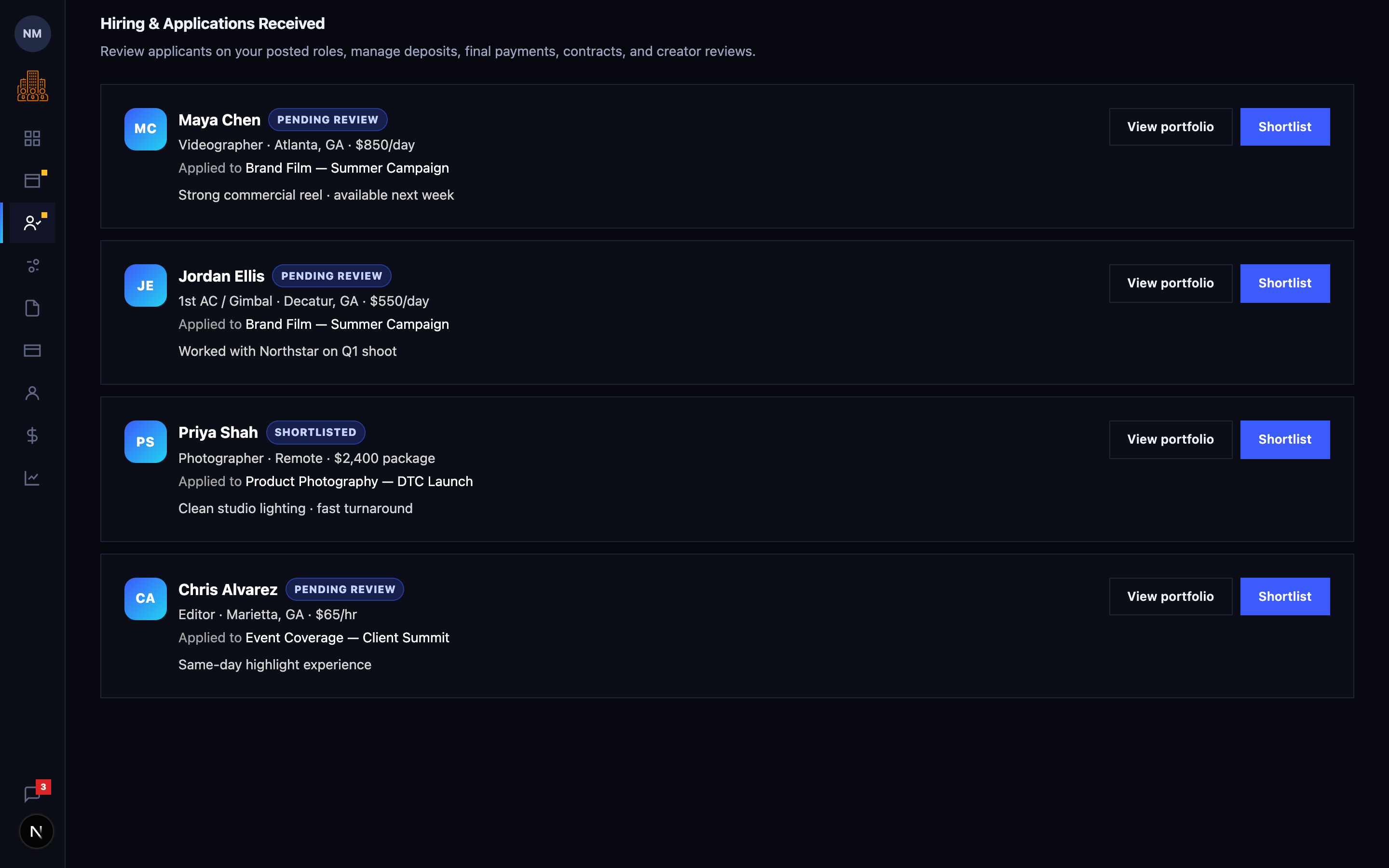 Review applicants workspace preview